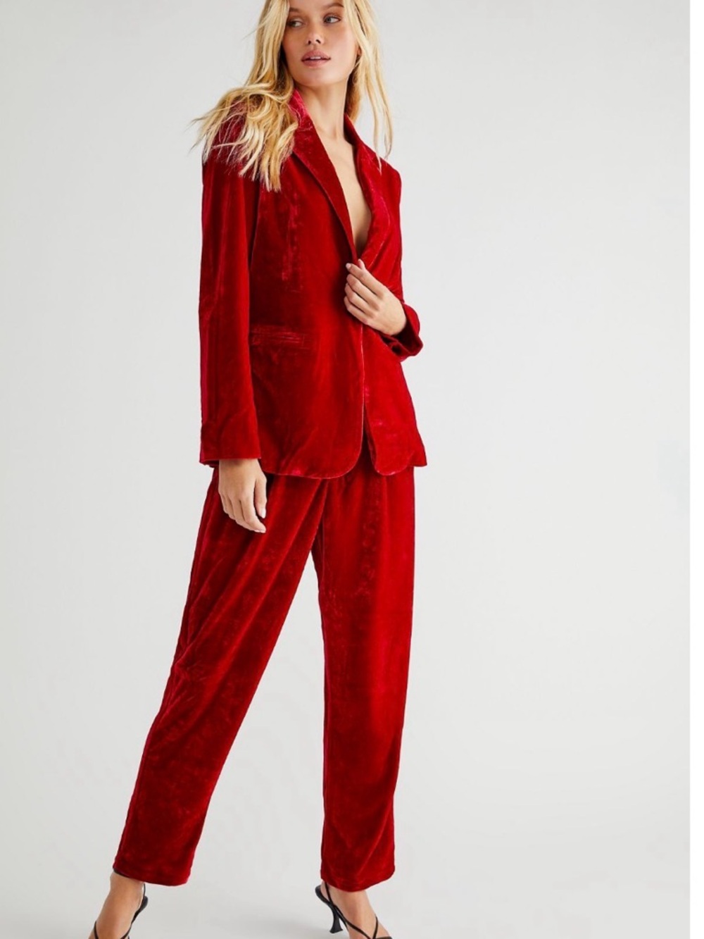 MINKPINK Vibrant Red Velvet Single-Button 2 piece Suit (Blazer and pants)